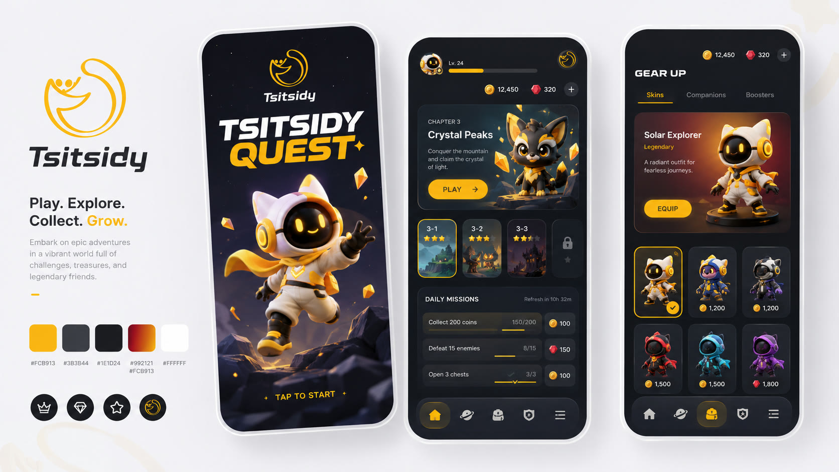 Application mobile Tsitsidy Quest : jeu jaune et noir avec mascotte 3D