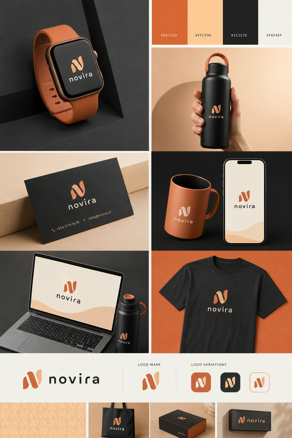 Identité de marque Novira : montre, packaging et papeterie terracotta et noir