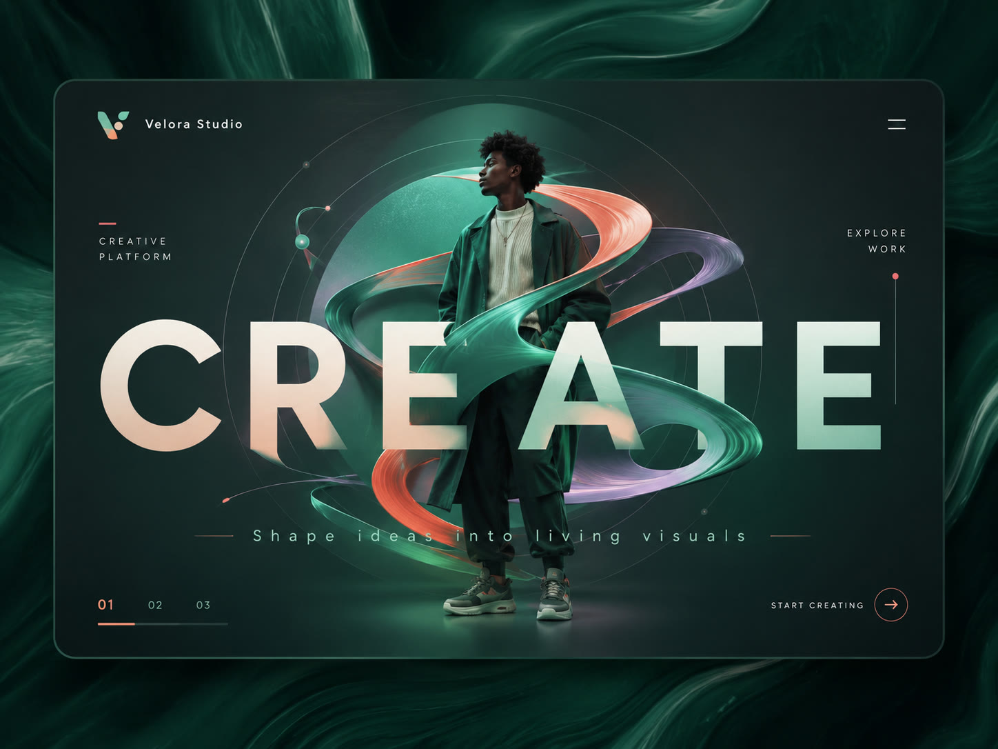 Page d'accueil immersive CREATE : typographie géante et rubans 3D sur fond vert